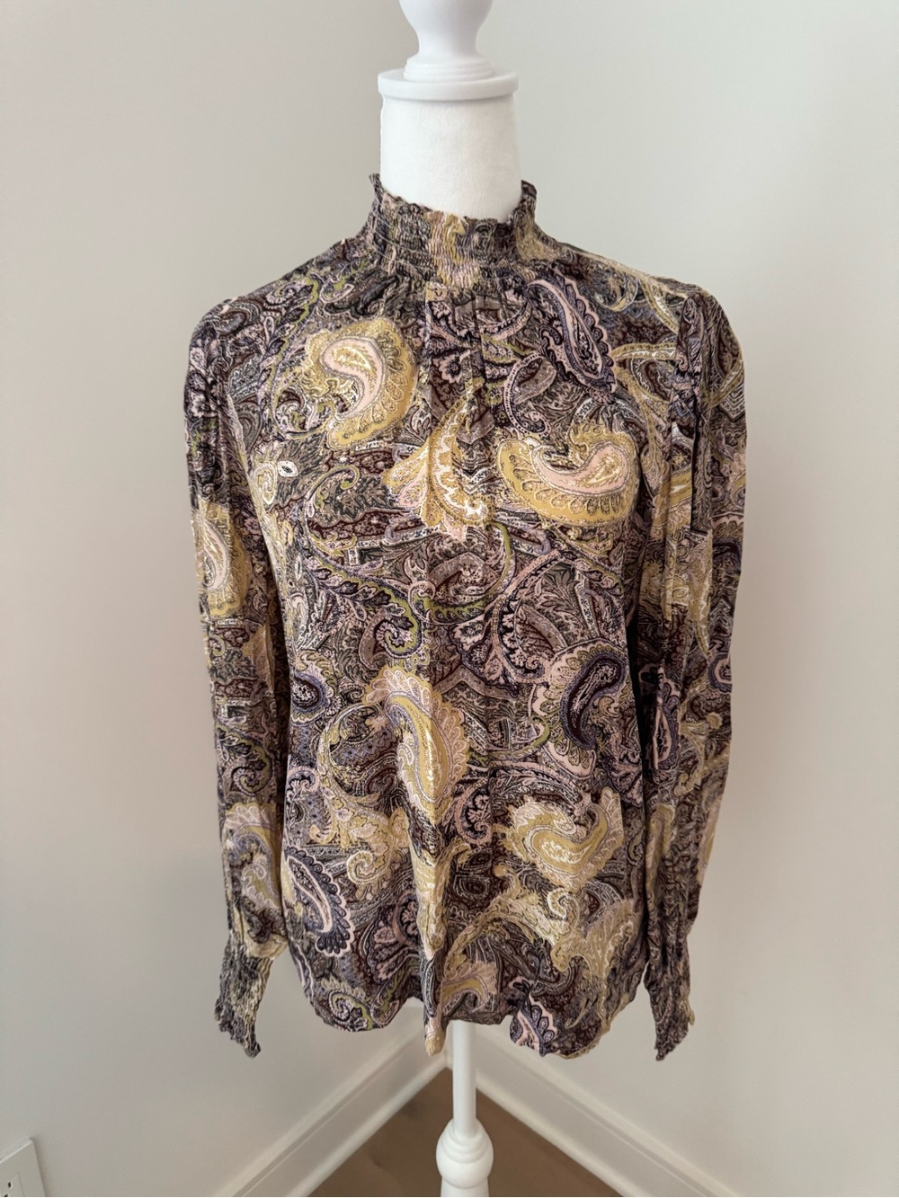 Sanctuary Paisley Mock Neck Rayon Blouse in Yellow, Black and Cream